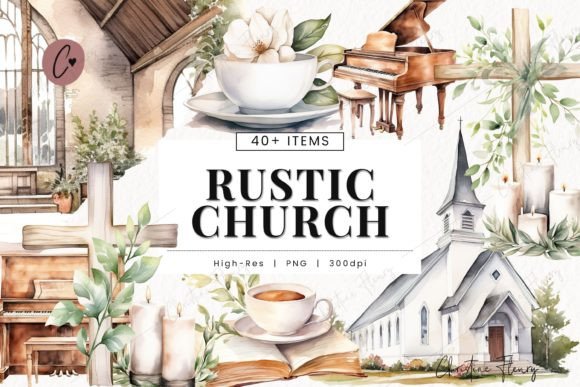 Watercolor Rustic Church Bundle Clipart and Illustrations