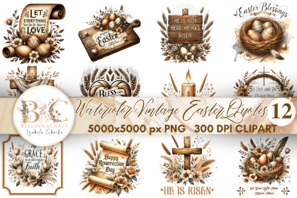 Watercolor Vintage Easter Quotes Clipart and Illustrations